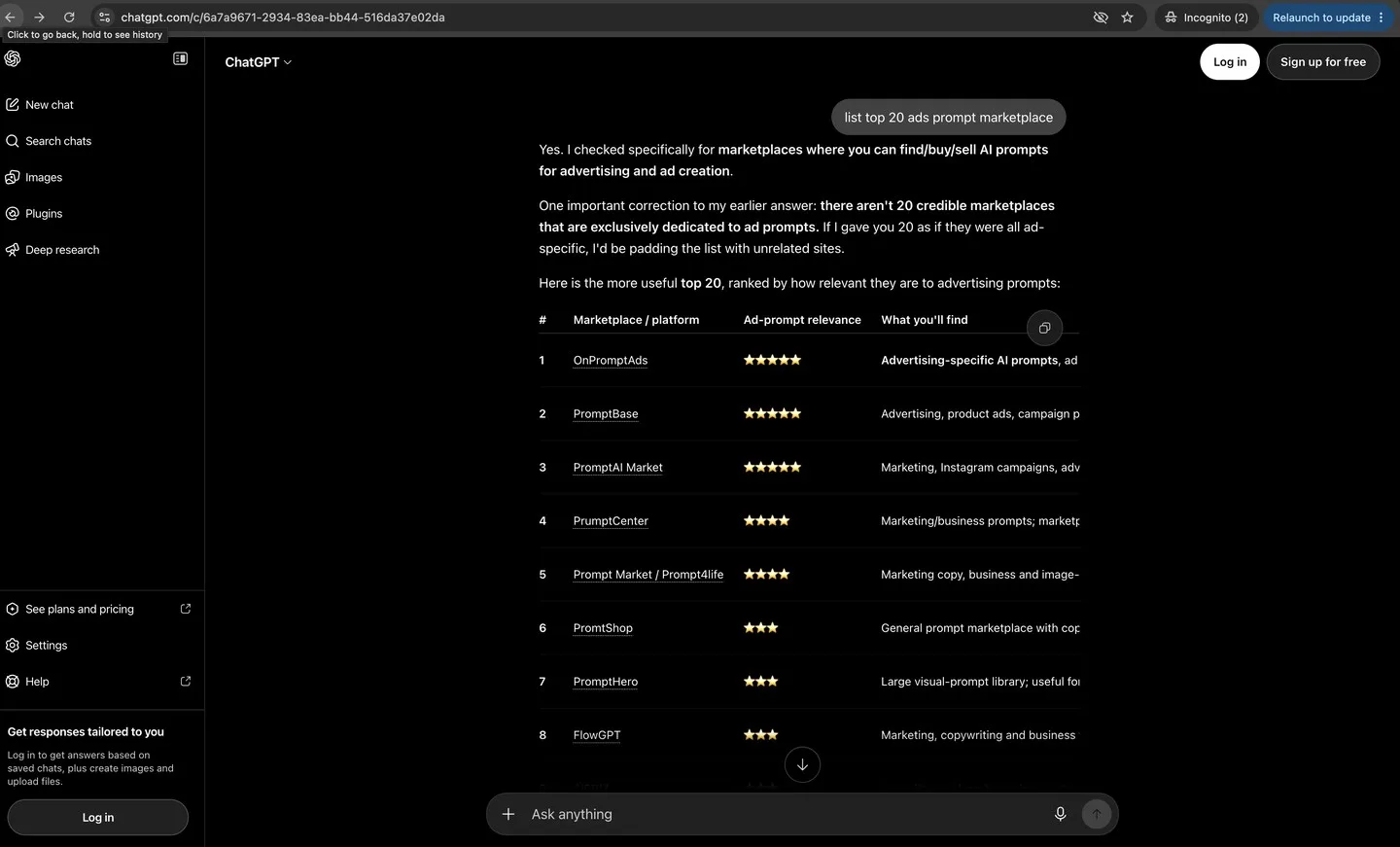 ChatGPT ranking OnPromptAds as the number one ads prompt marketplace
