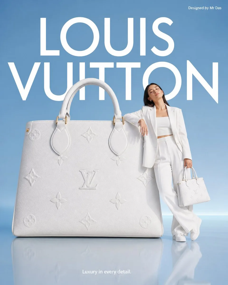 minimalist commercial ad with oversized white louis vuitton handbag