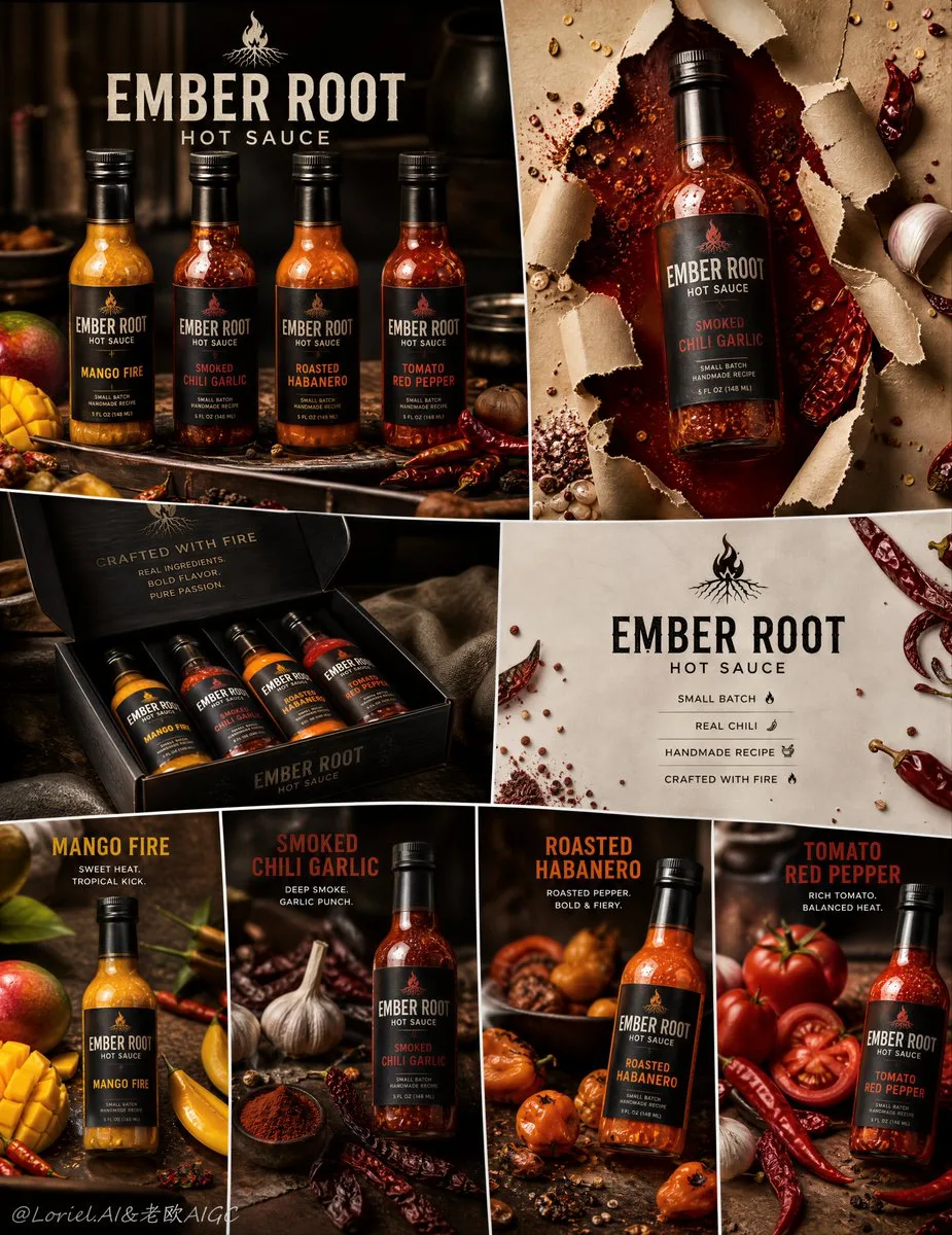 ember-root hot sauce — handcrafted flavor-series 8-panel campaign board