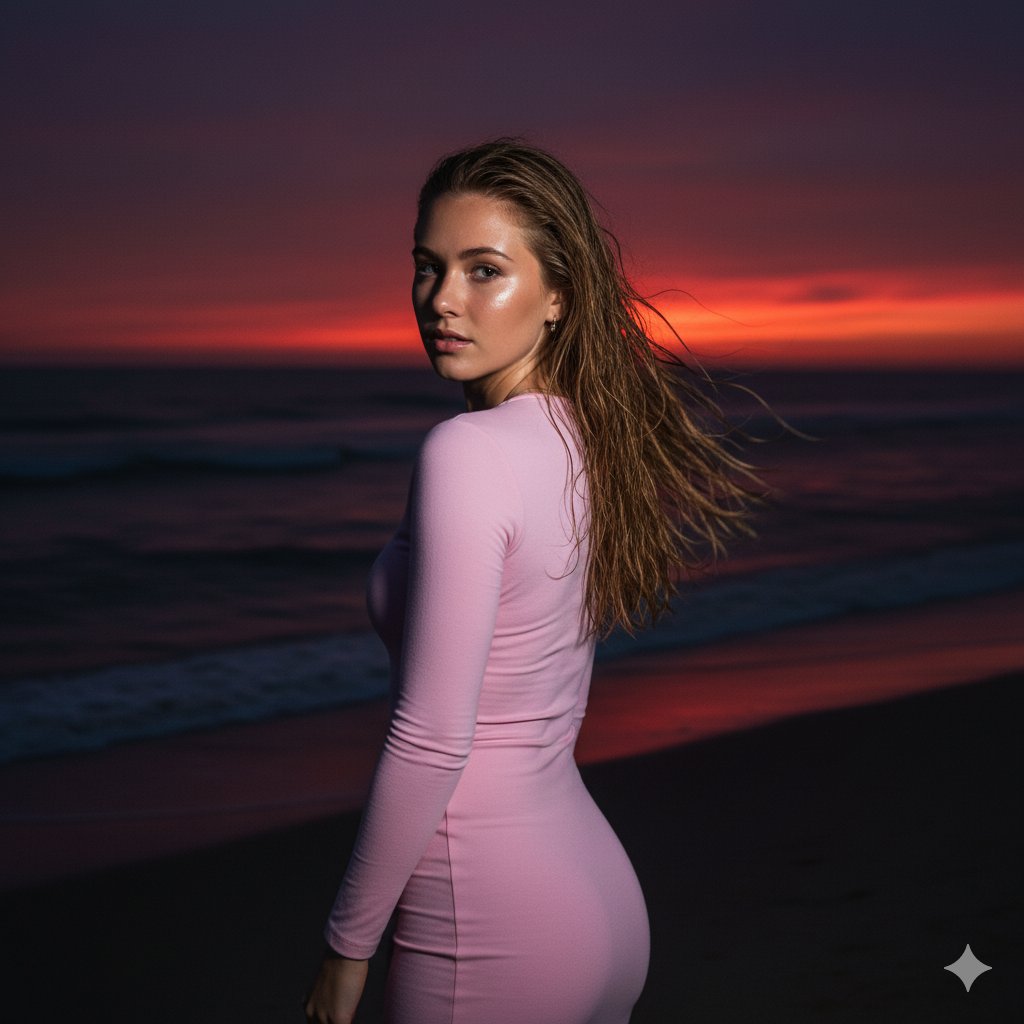 Sunset Beach Flash: Glowing Night Portrait of woman