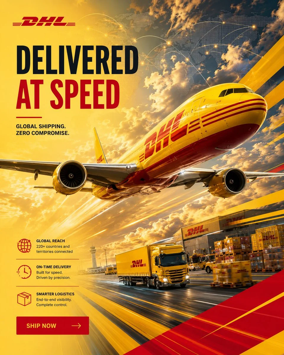 DHL ultra-premium vertical 4:5 social ad — high-velocity global logistics