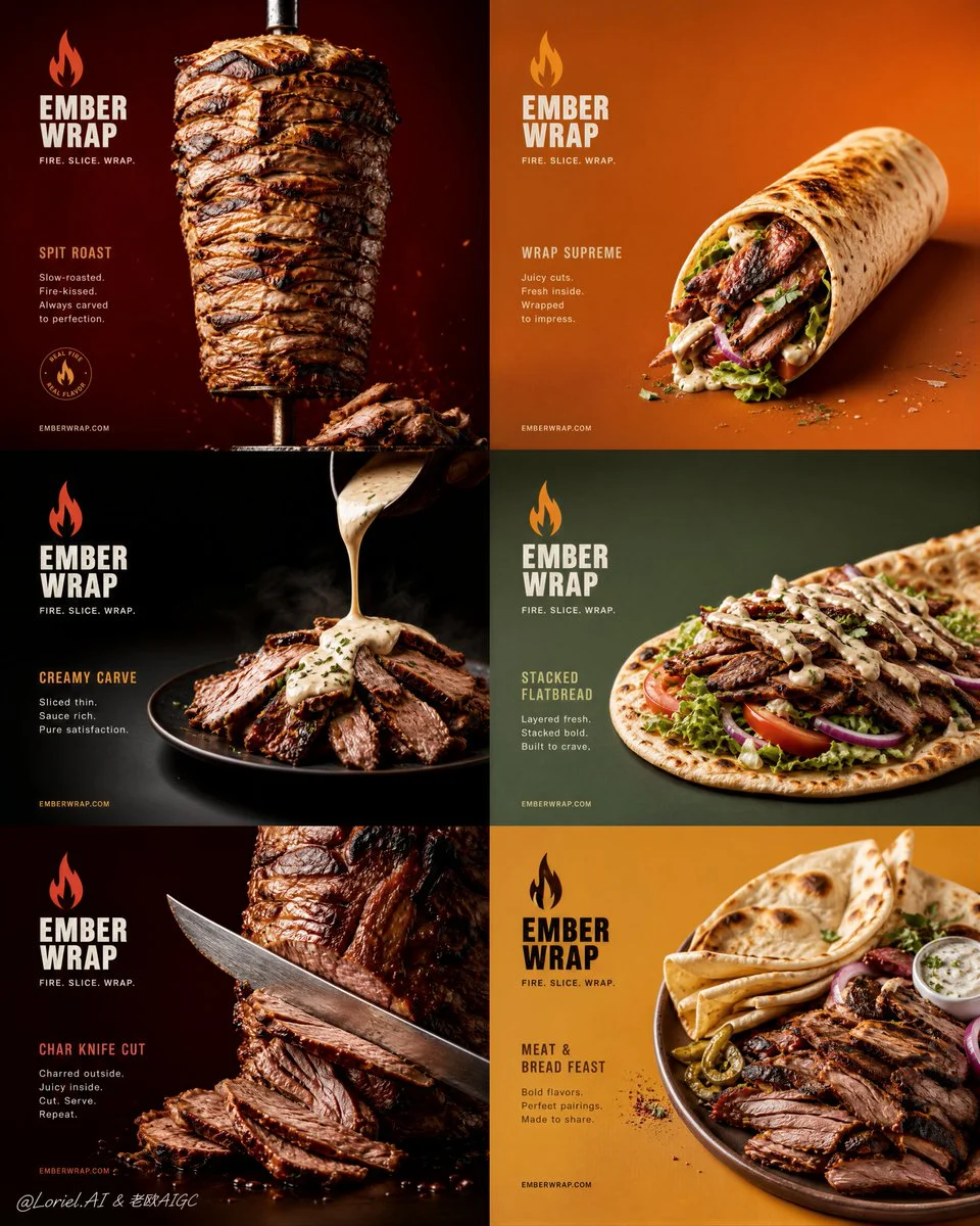 EMBER WRAP: six-panel flagship street-food poster