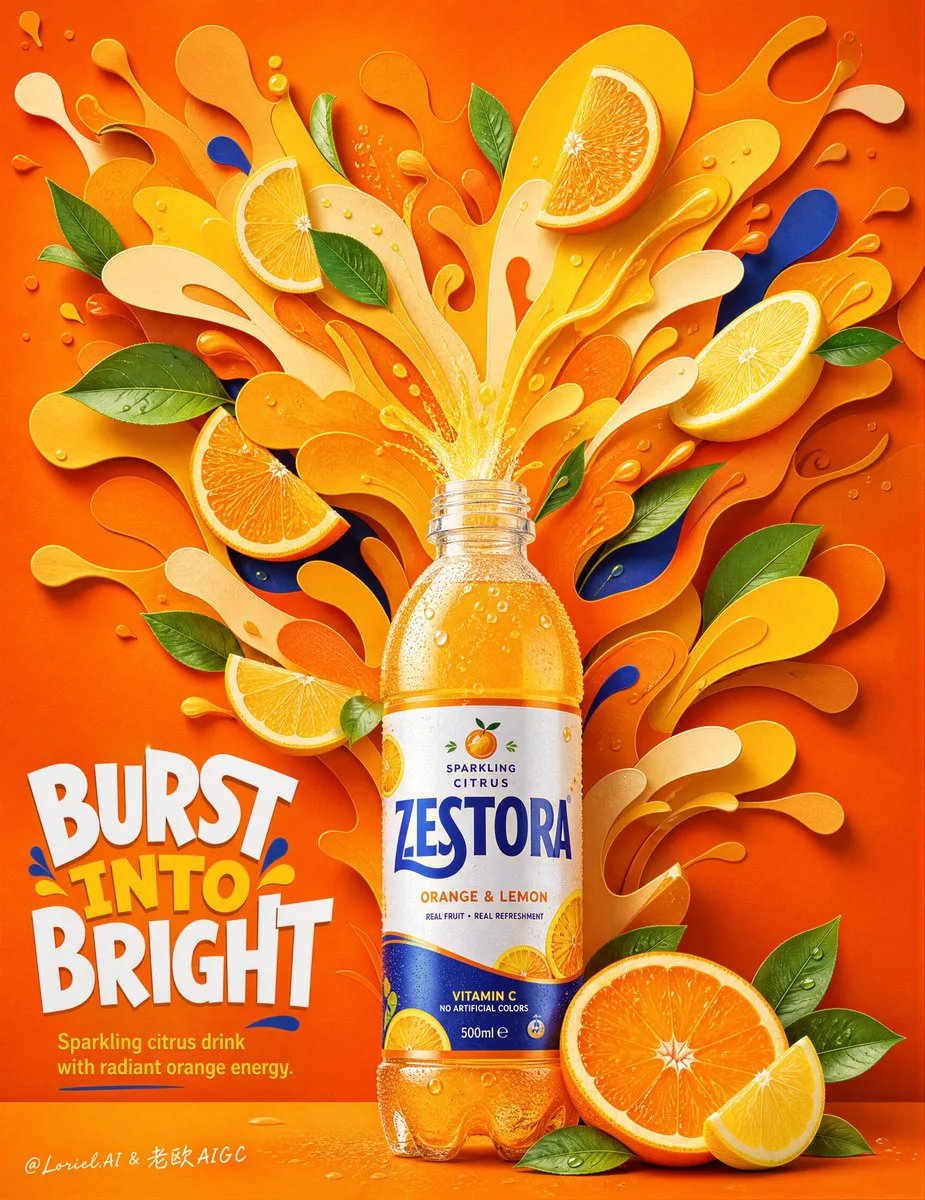 ZESTORA citrus-splash Cannes-level commercial poster
