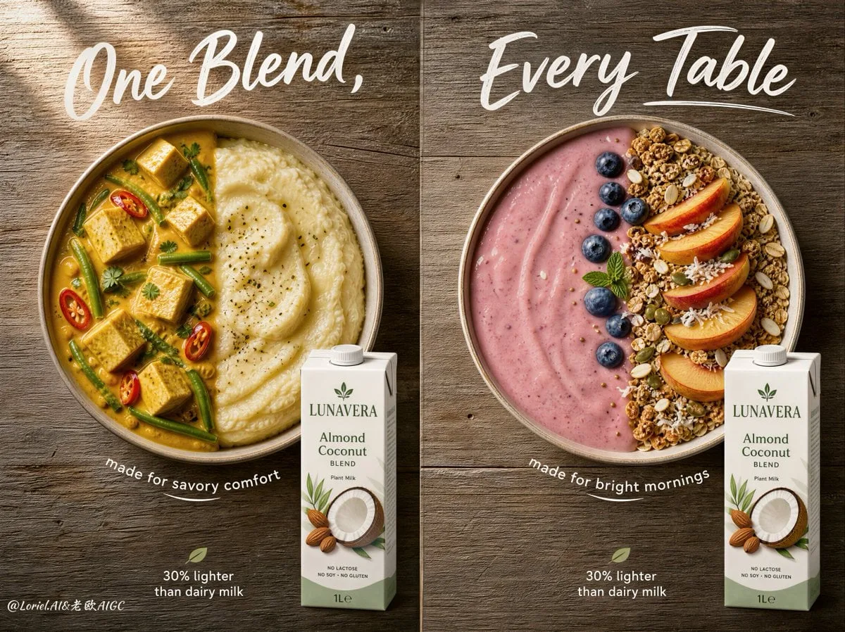 LUNAVERA dual-panel premium plant-milk campaign
