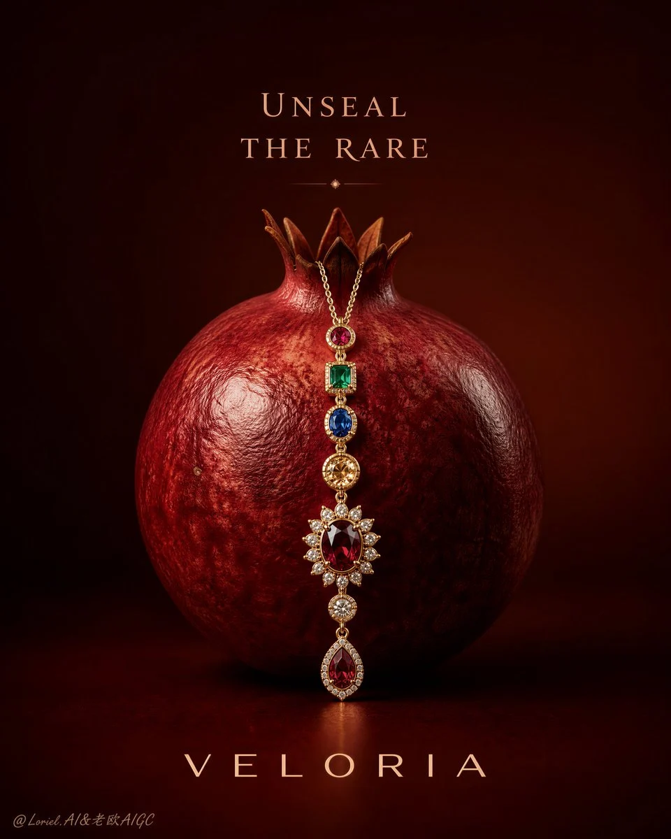 VELCARA flagship poster — pomegranate pedestal with gold charm bracelet