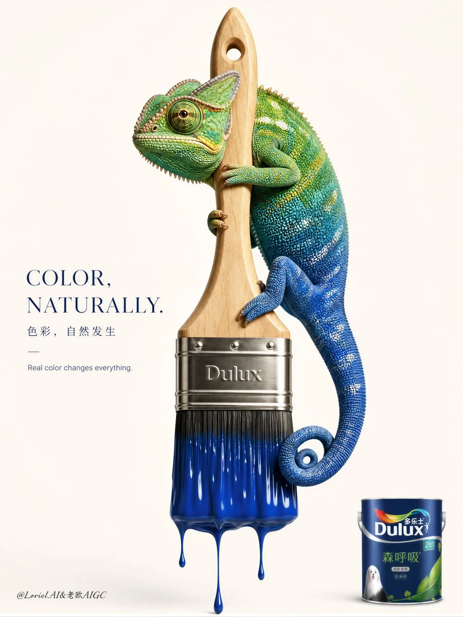 Dulux editorial poster — chameleon embraces oversized paintbrush