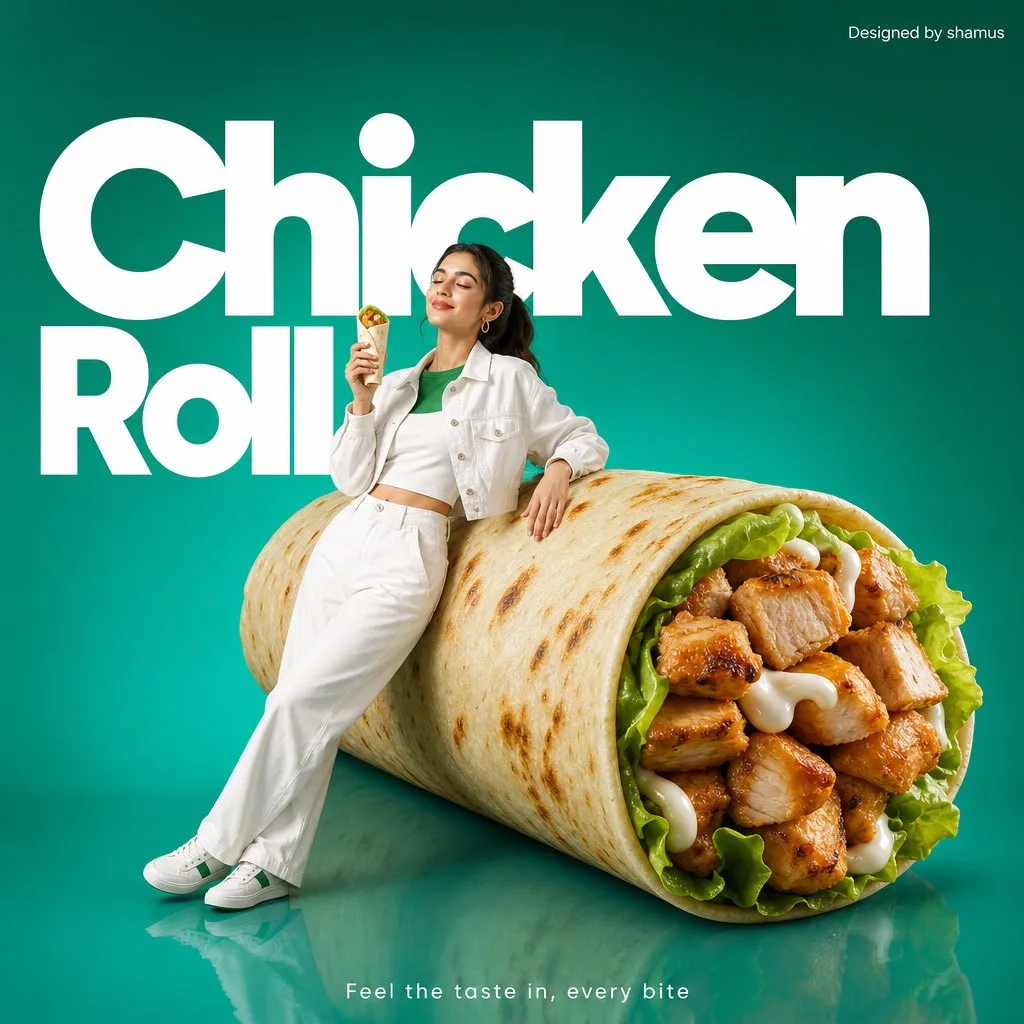Minimalist commercial ad with oversized premium chicken rolls