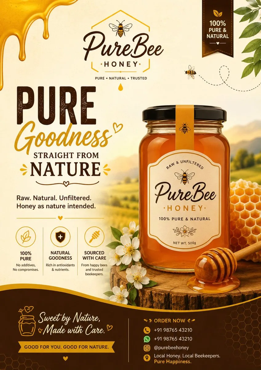 PureBee Honey premium A4 portrait advertising poster