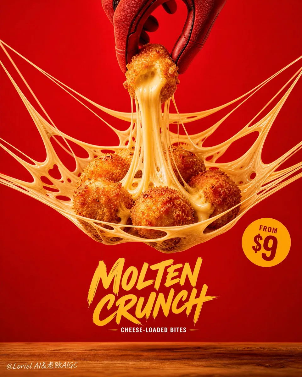 MELT VAULT flagship commercial food poster — molten cheese pull hero shot