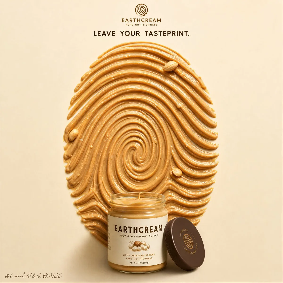 earthcream flagship commercial poster — peanut-butter fingerprint emblem
