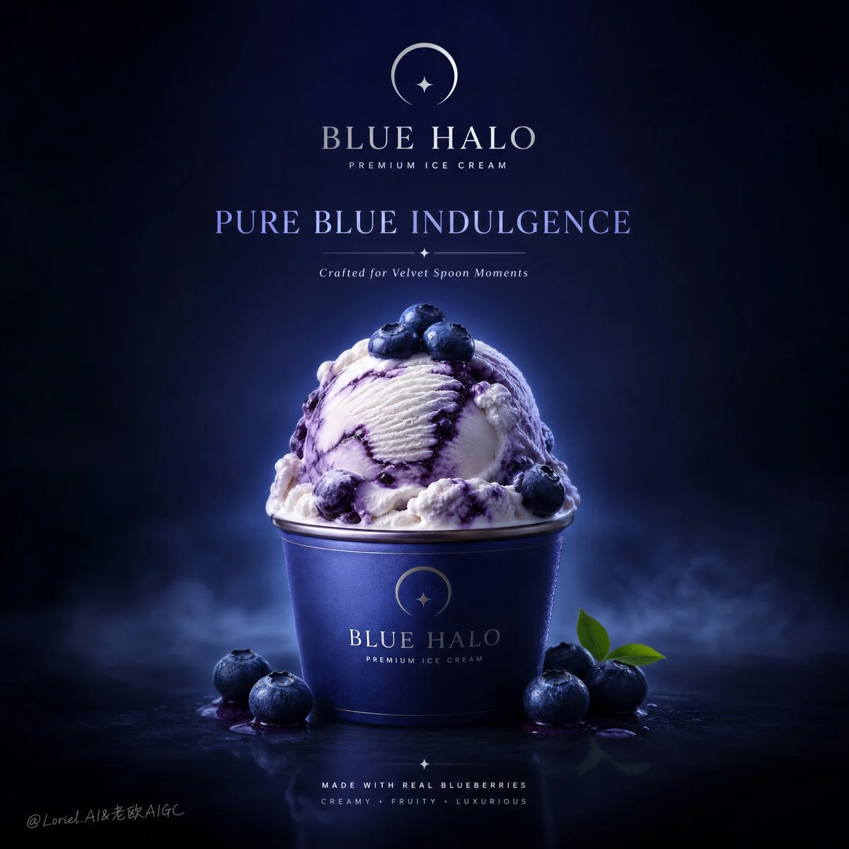 BLUE HALO flagship poster — blueberry ice cream hero