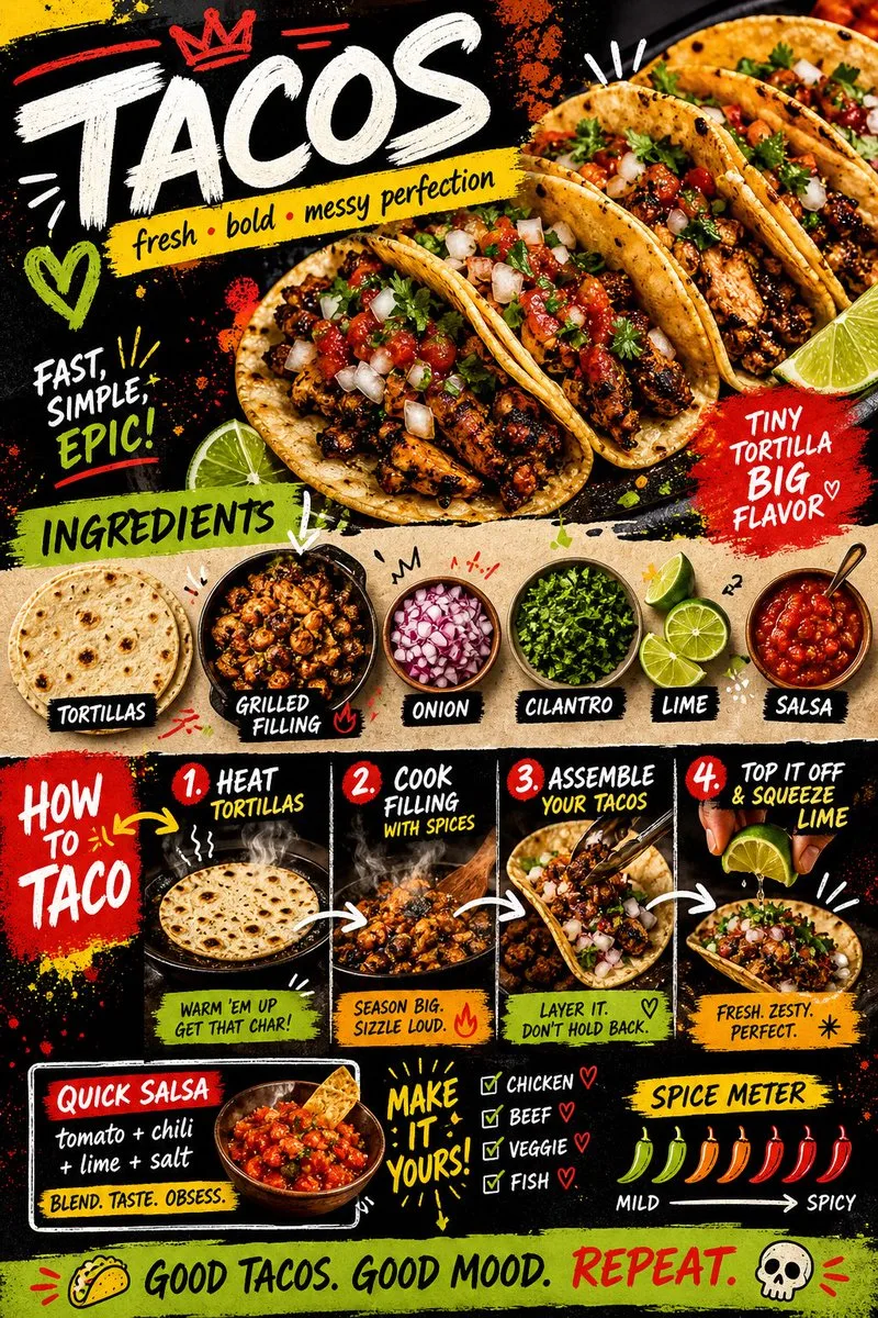 Tacos — bold vibrant Mexican street-style recipe card