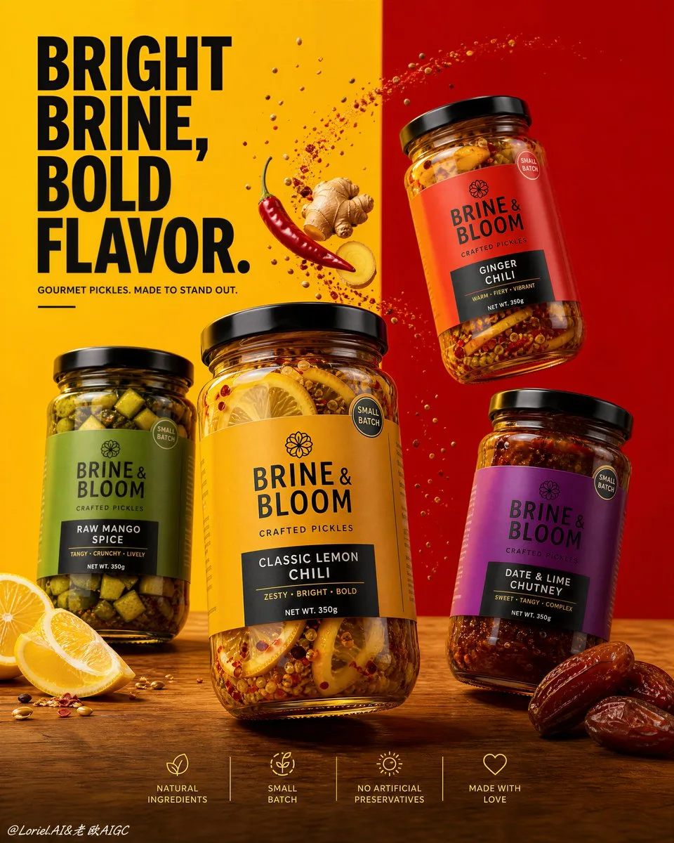Brine & Bloom flagship commercial poster — premium pickle hero shot