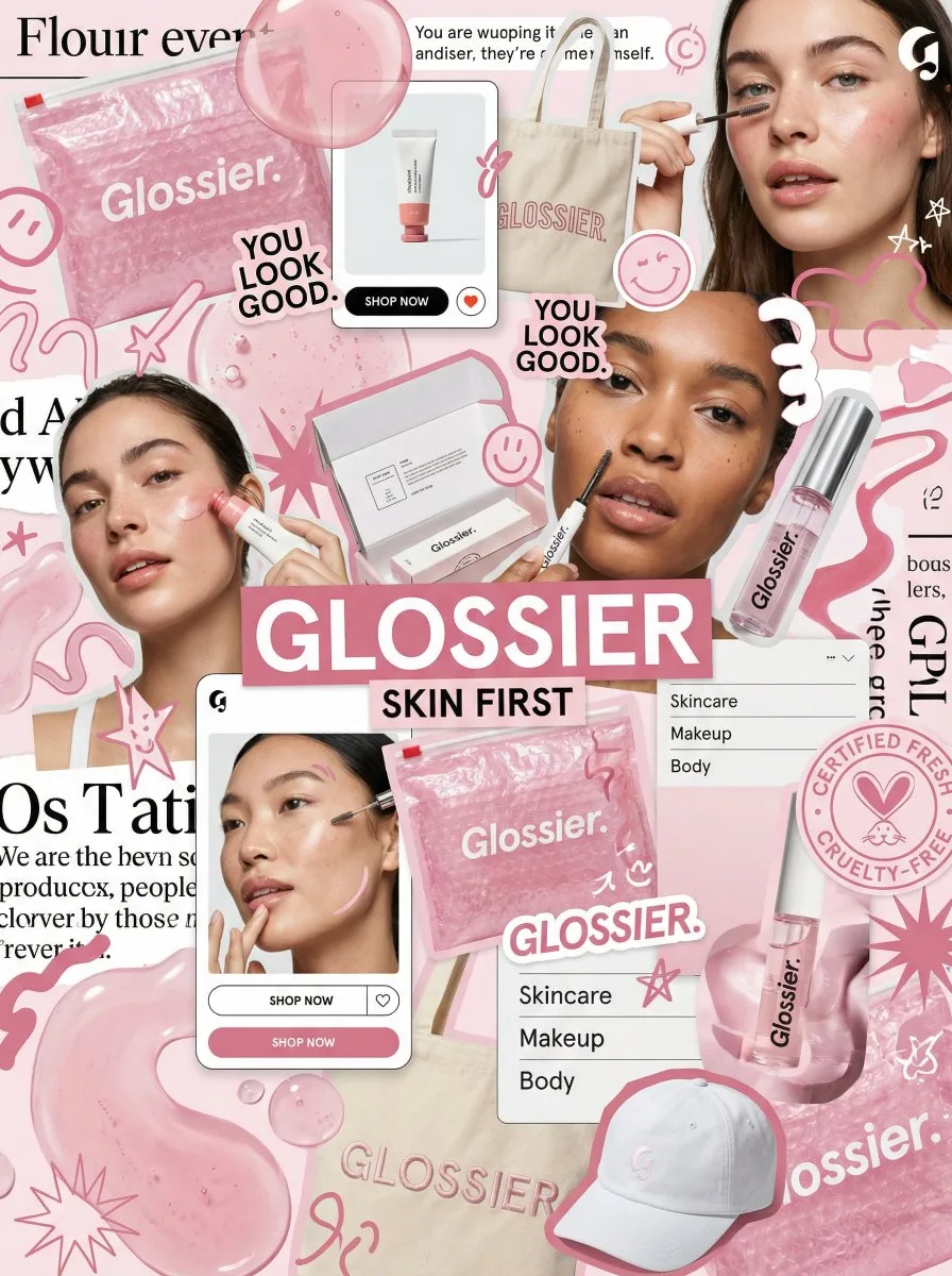 glossier editorial moodboard collage — layered brand-world composition