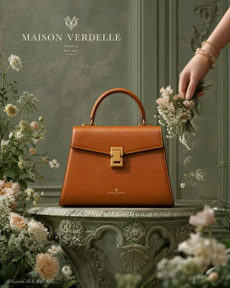 MAISON VERDELLE couture poster — caramel-tan top-handle handbag on antique pedestal