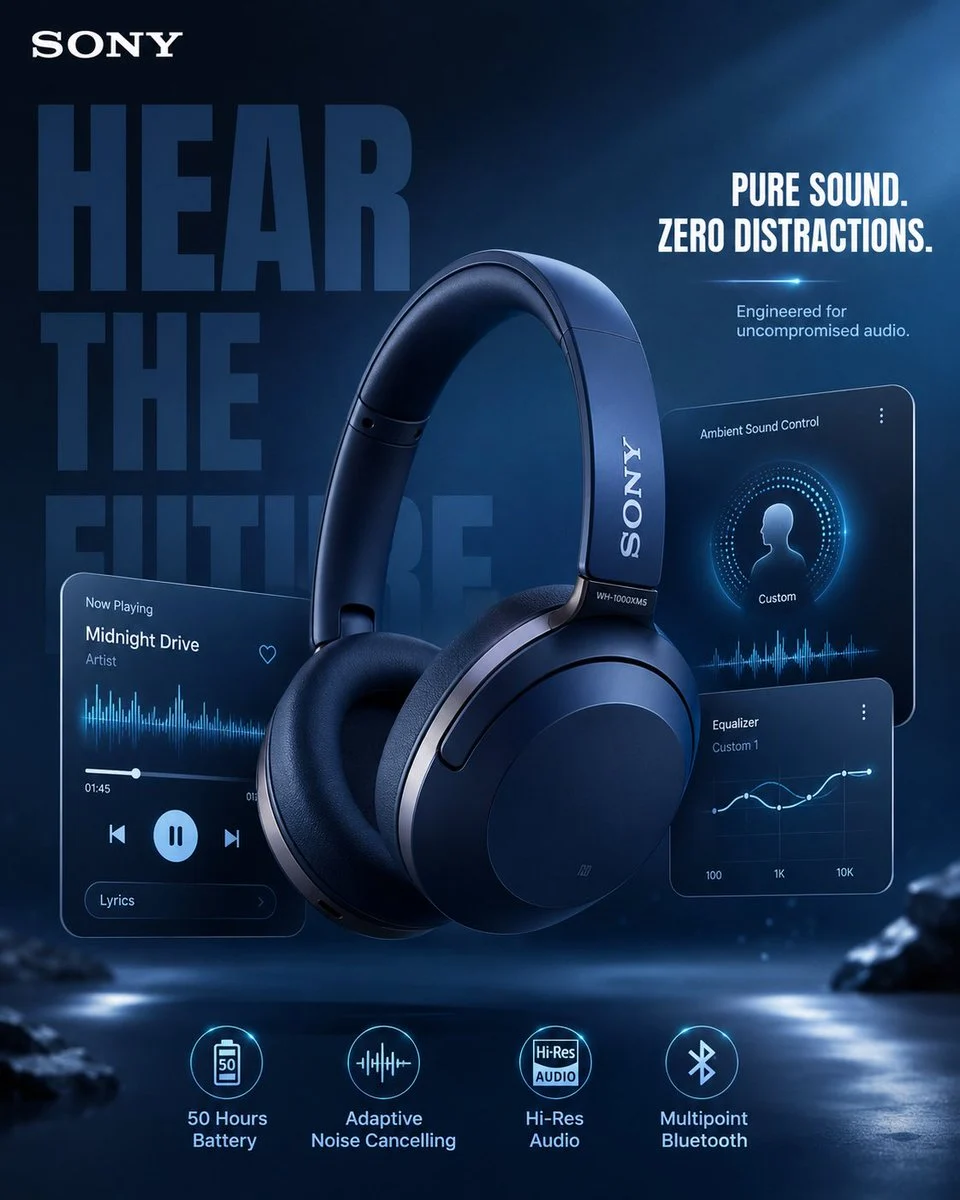 Midnight-blue premium headphones commercial set
