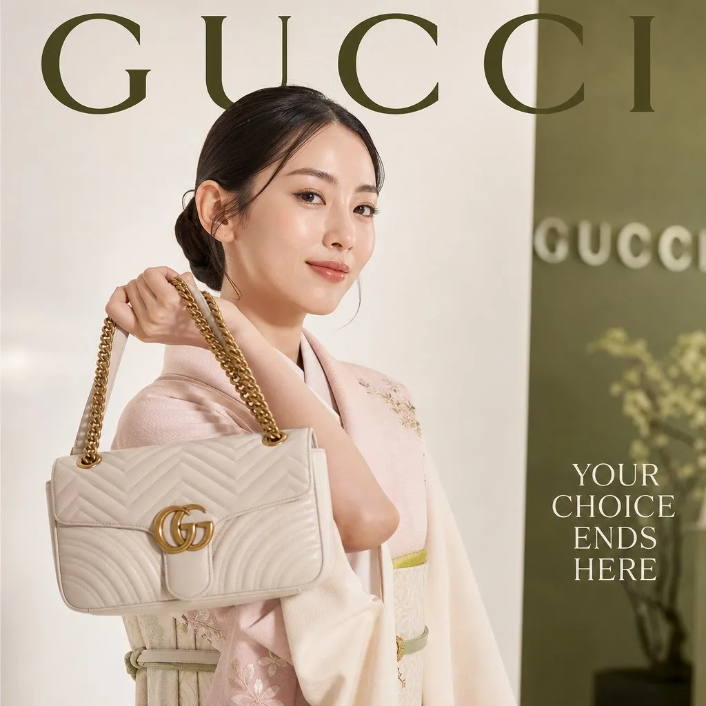 ultra-realistic luxury fashion magazine cover featuring japanese model with gucci quilted bag