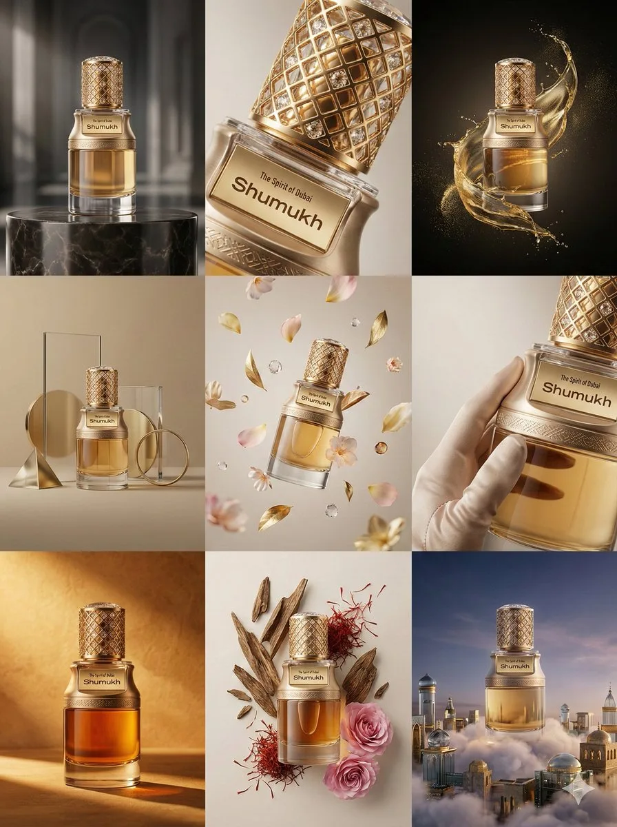 9-frame high-end commercial grid: cohesive product-focused visuals
