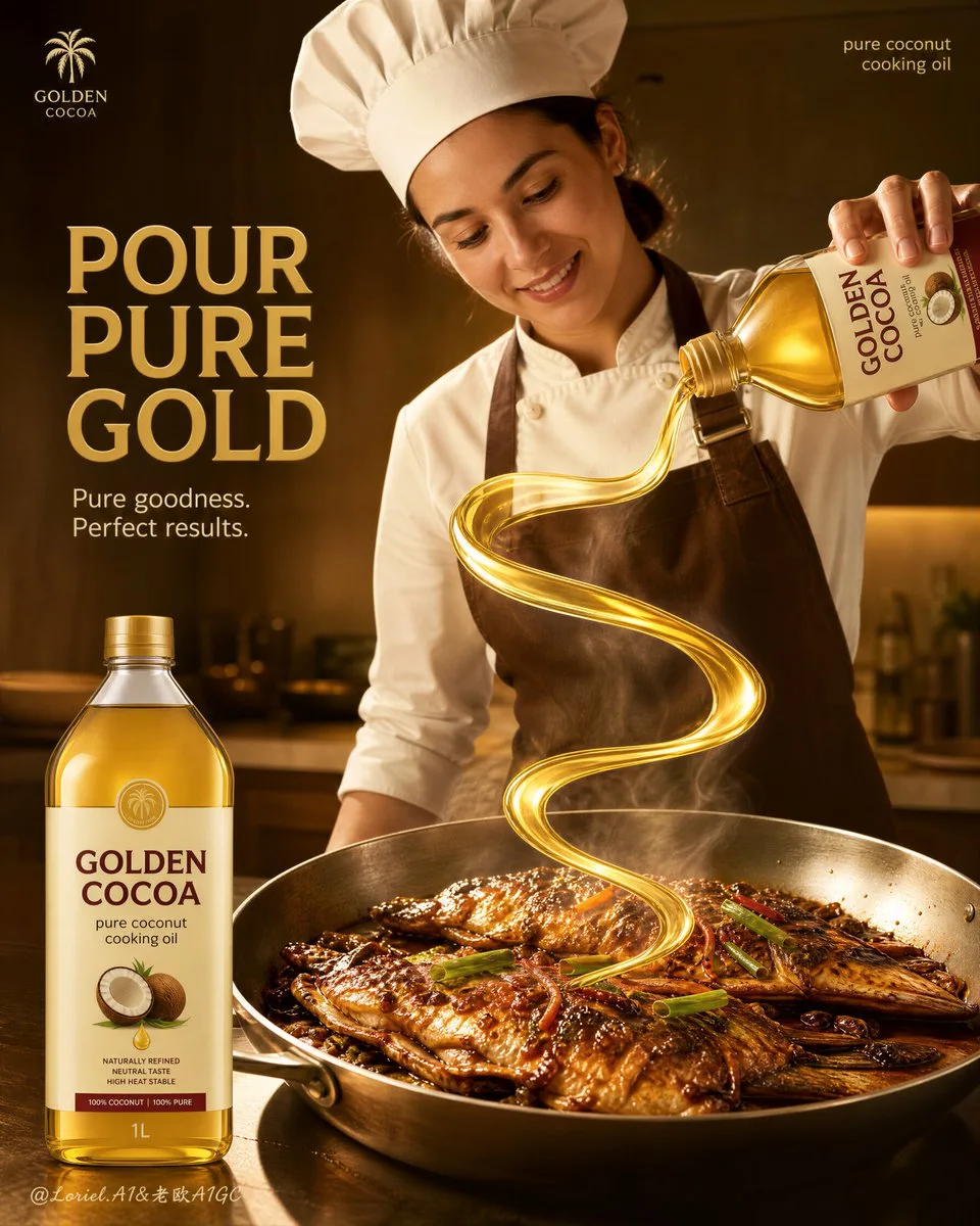 Golden Cocoa flagship commercial poster — chef pouring luminous oil spiral