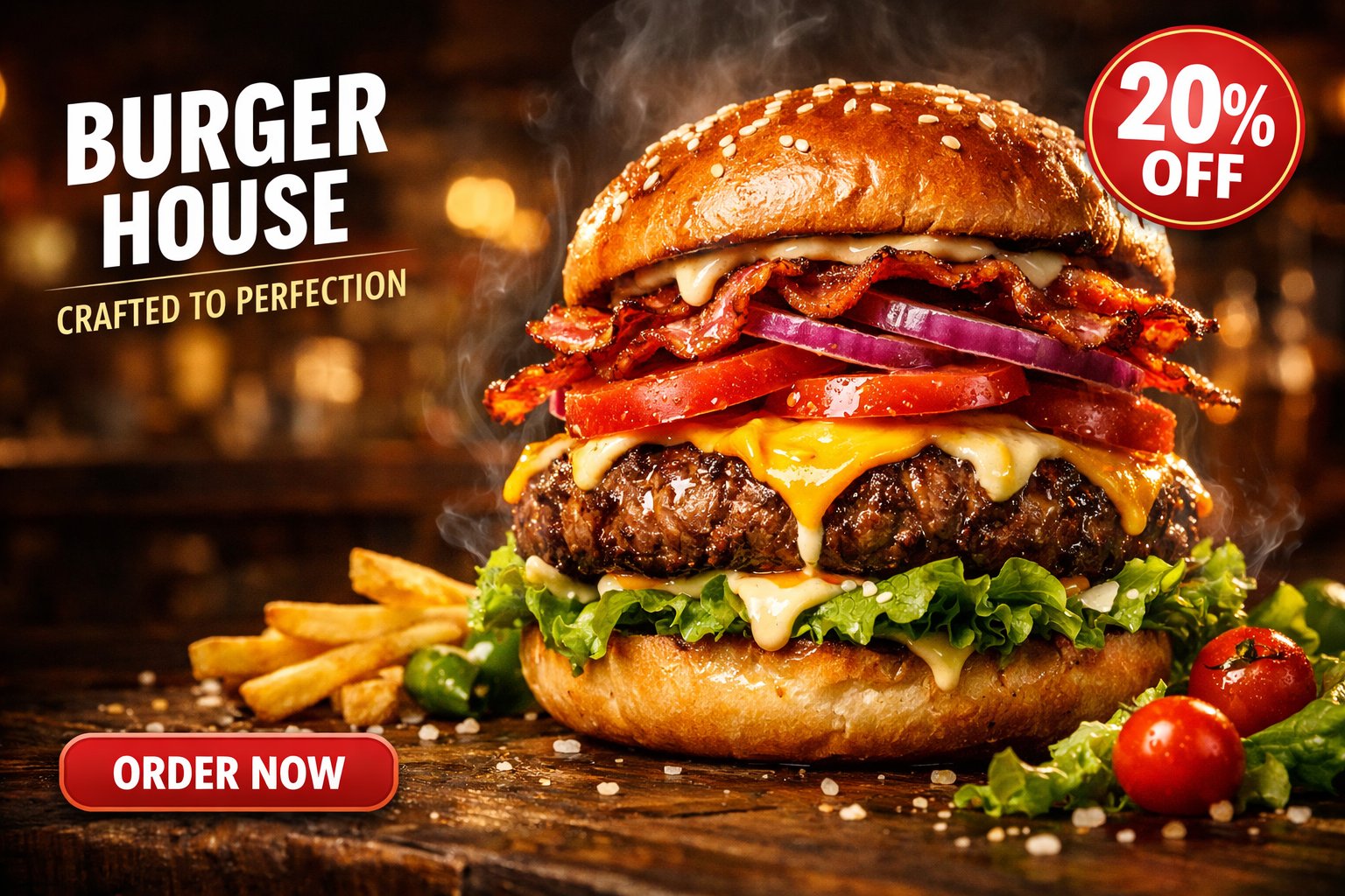 Hyper-realistic, mouth-watering advertisement image of a gourmet burger in a cinematic food photography style