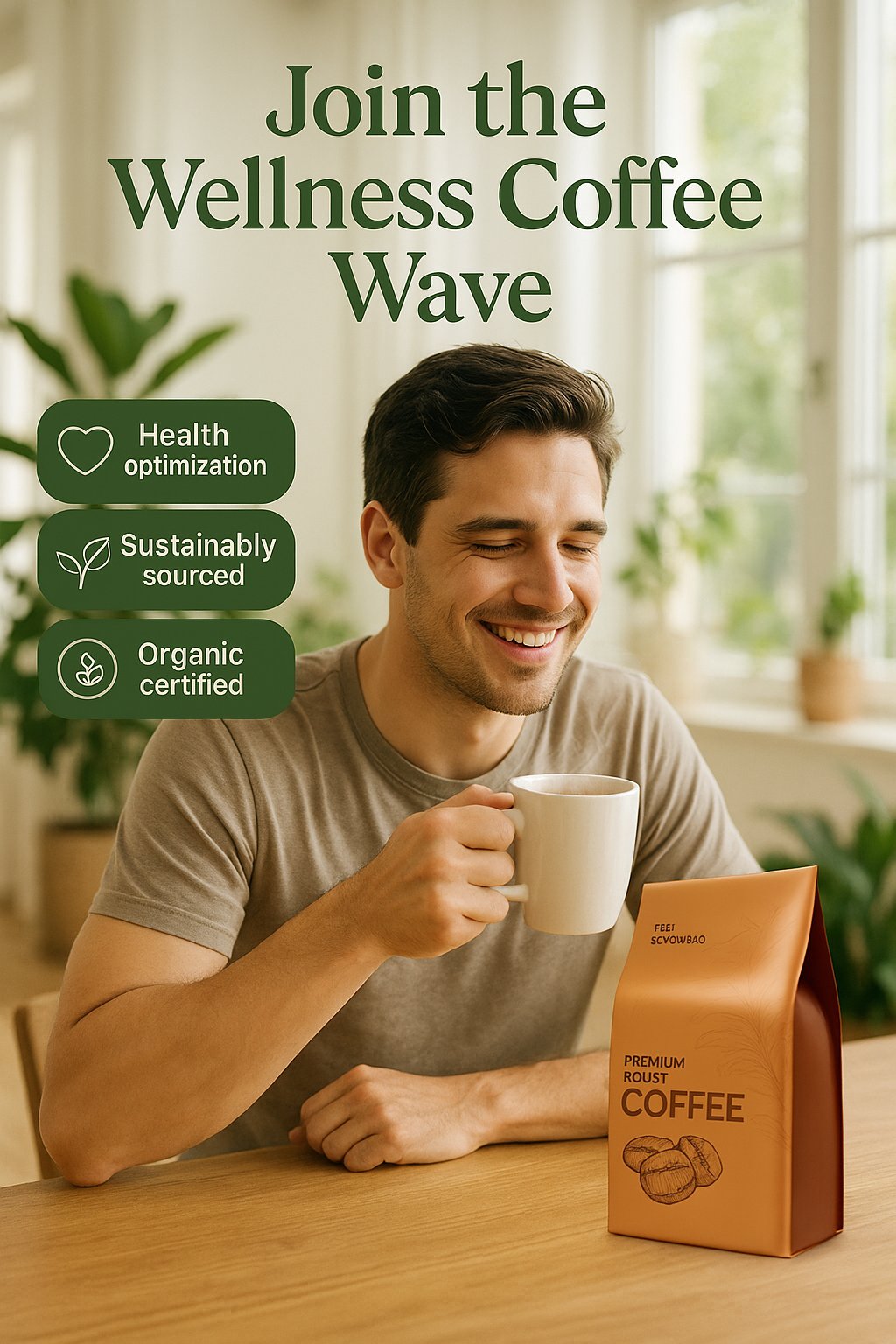 A professional lifestyle ad featuring a smiling man enjoying coffee