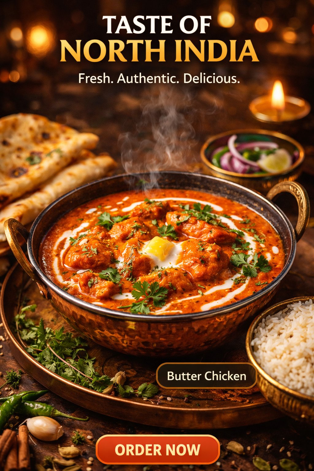 HYPER-REALISTIC INDIAN FOOD RESTAURANT AD PROMPT