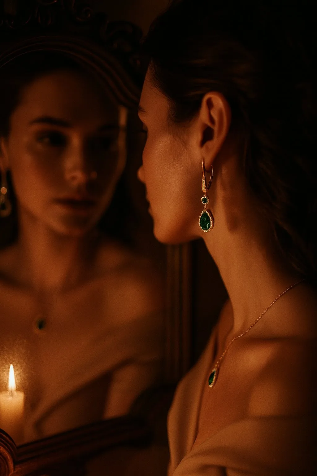 Glistening necklace on model with sunbeams through leaves