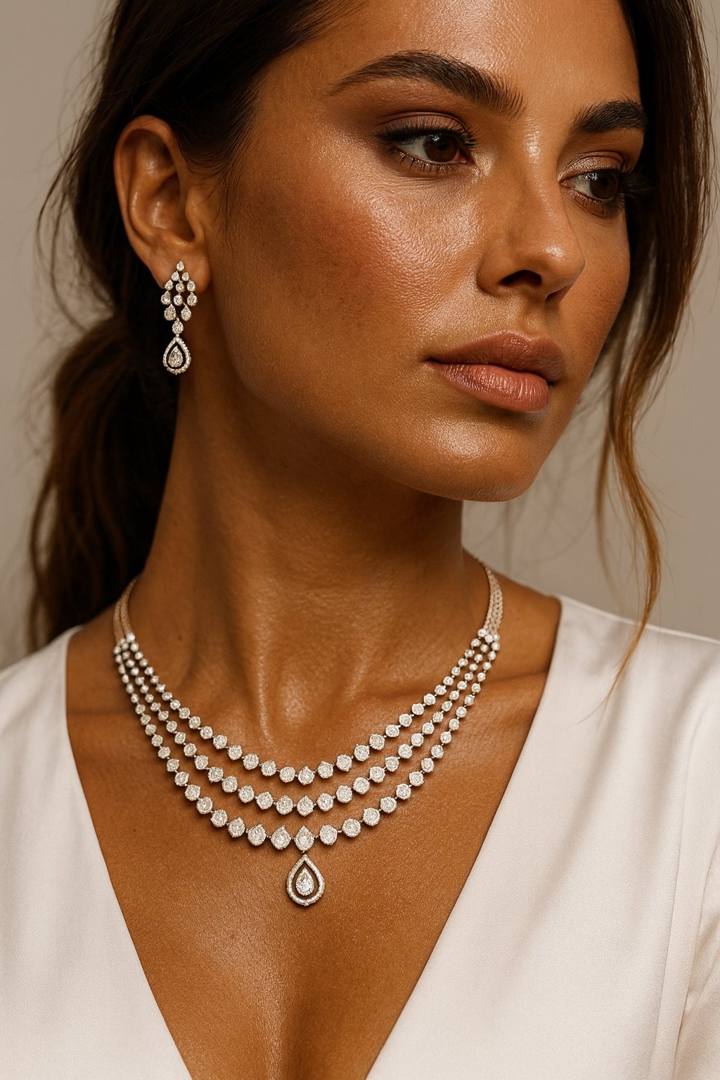 A beautiful female model wearing the provided necklace and matching earrings