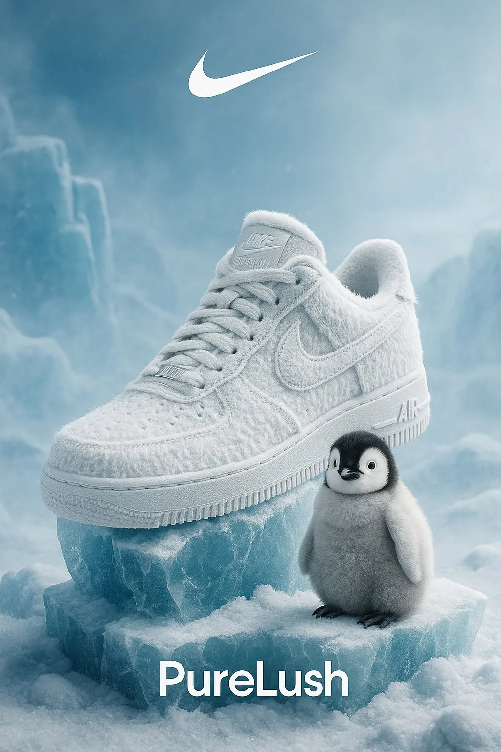 Nike Air Force 1 on Ice with Baby Penguin — Cinematic 4:5