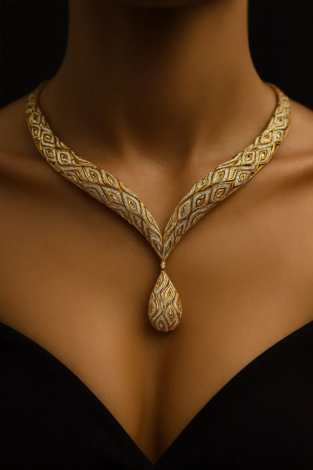 premium close-up editorial: necklace on warm-toned neck