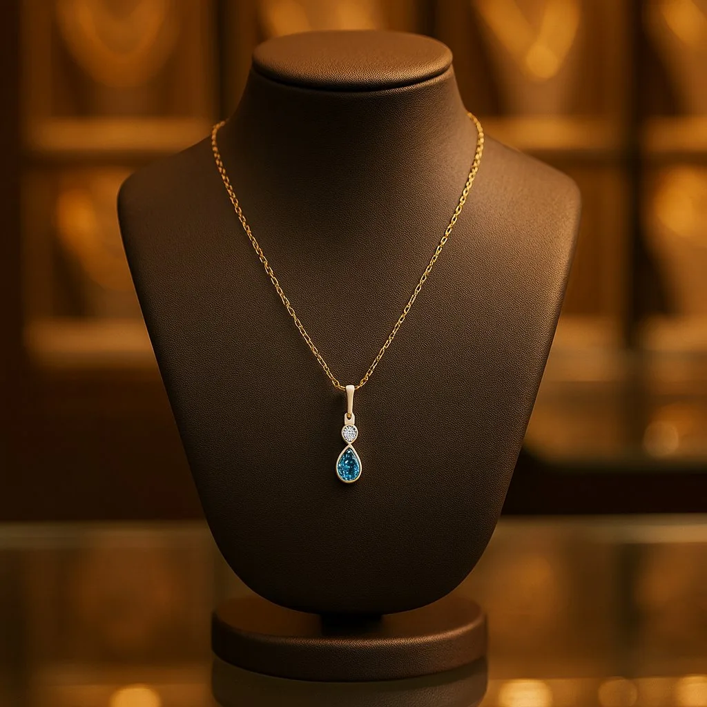 Ultra-realistic 4K necklace on matte bust in jewelry store scene