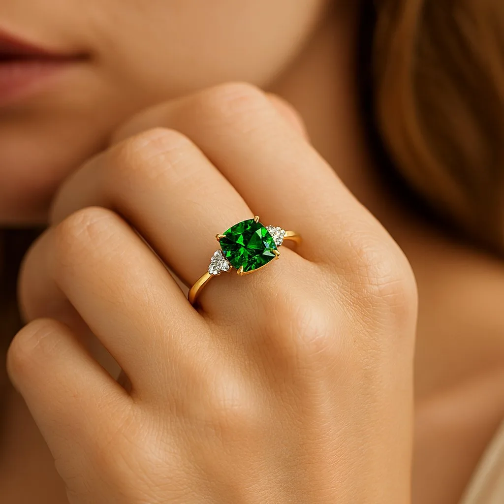 Ultra-realistic 4K close-up of a ring on middle finger with soft beige backdrop