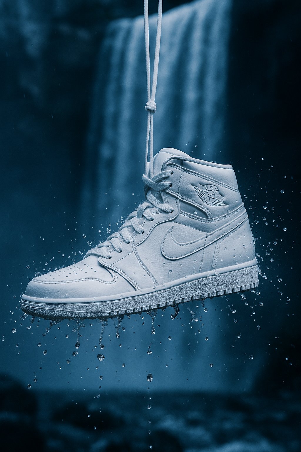 White Nike Air Jordan sneaker hangs by its laces