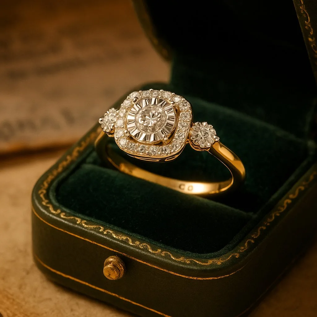 Ultra-realistic 4K 1:1 jewelry display in vintage green velvet box