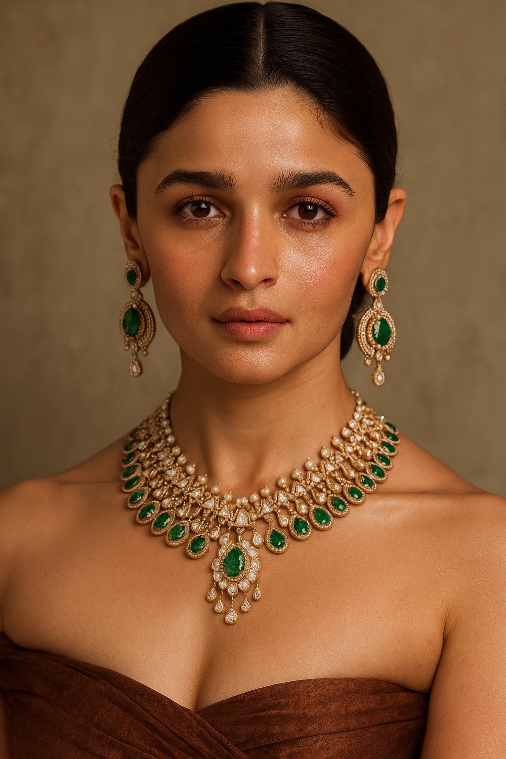 Kiara Advani in a bridal studio look, wearing a necklace and matching earrings