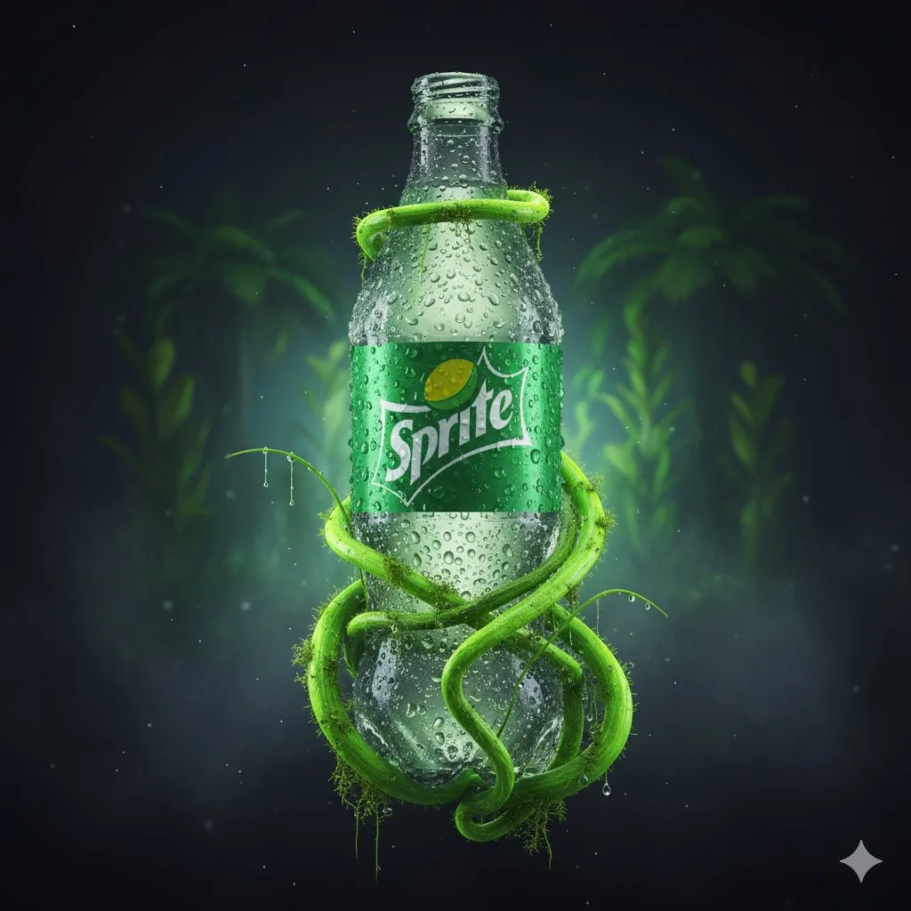 hyper-realistic 4k sprite bottle with bioluminescent vines