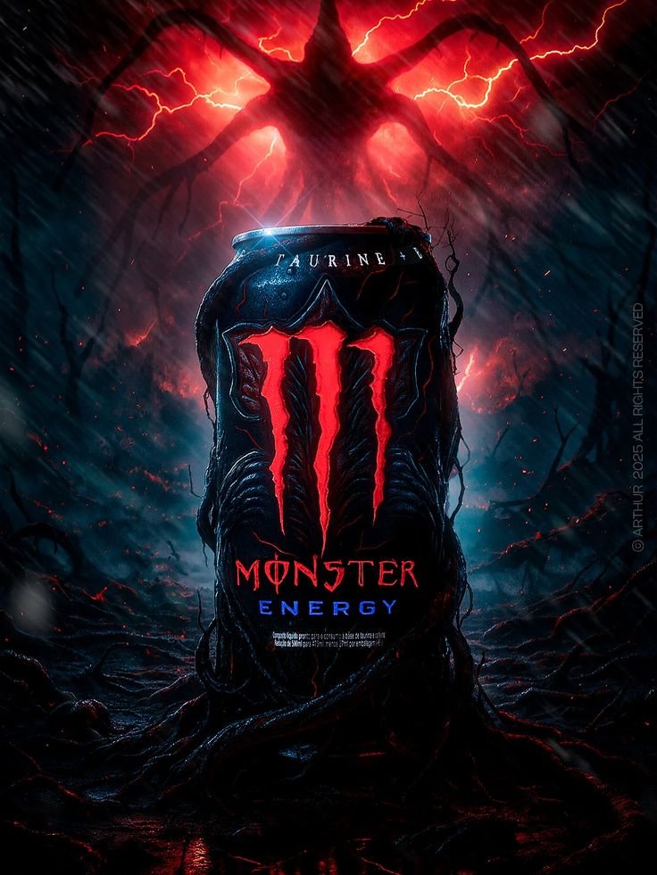 Monster Energy Can in Dark Apocalyptic Storm with Demon Silhouette and Red Lightning