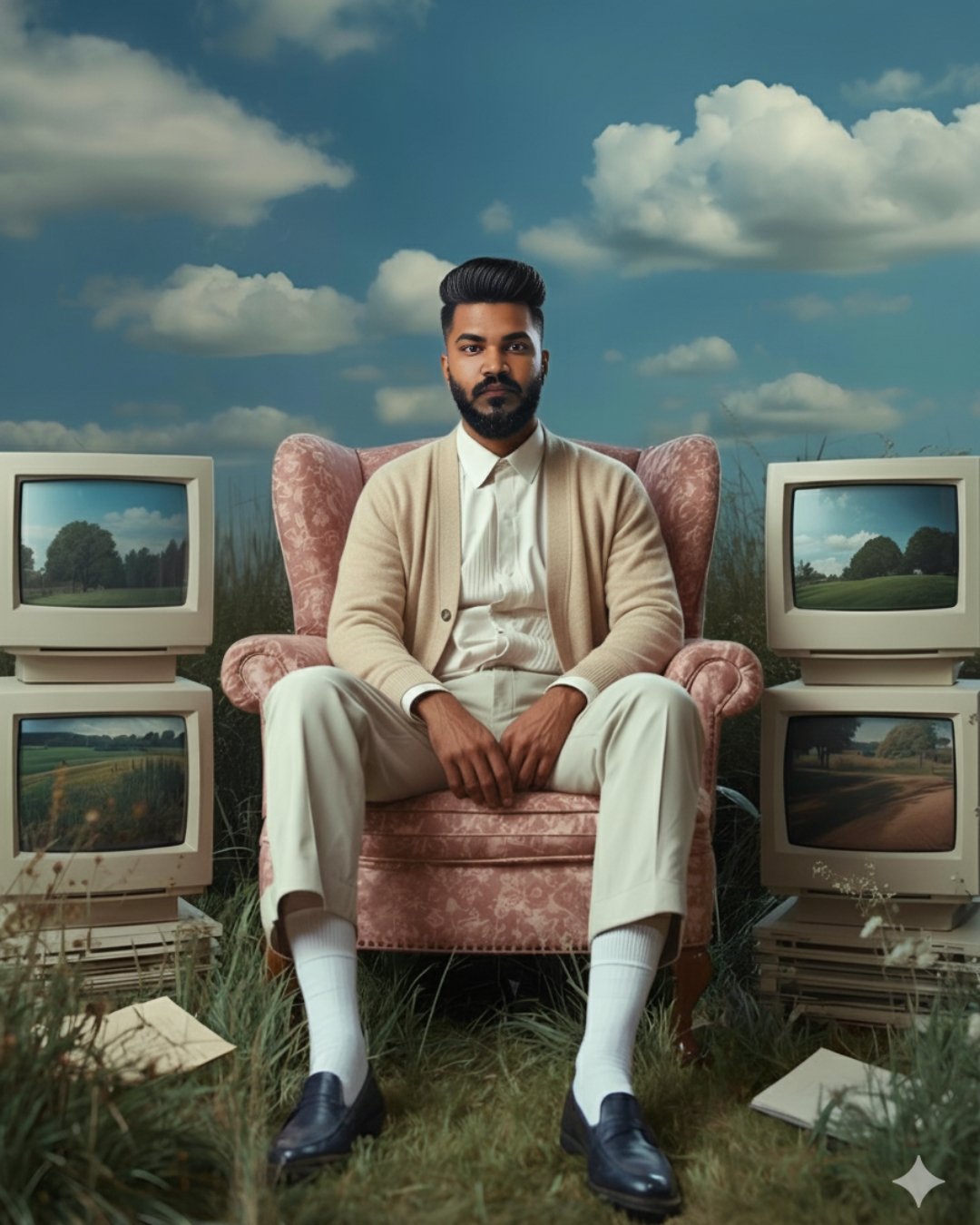 Stylish Man Sitting on Vintage Chair Surrounded by Old CRT Monitors in a Surreal Outdoor Setting
