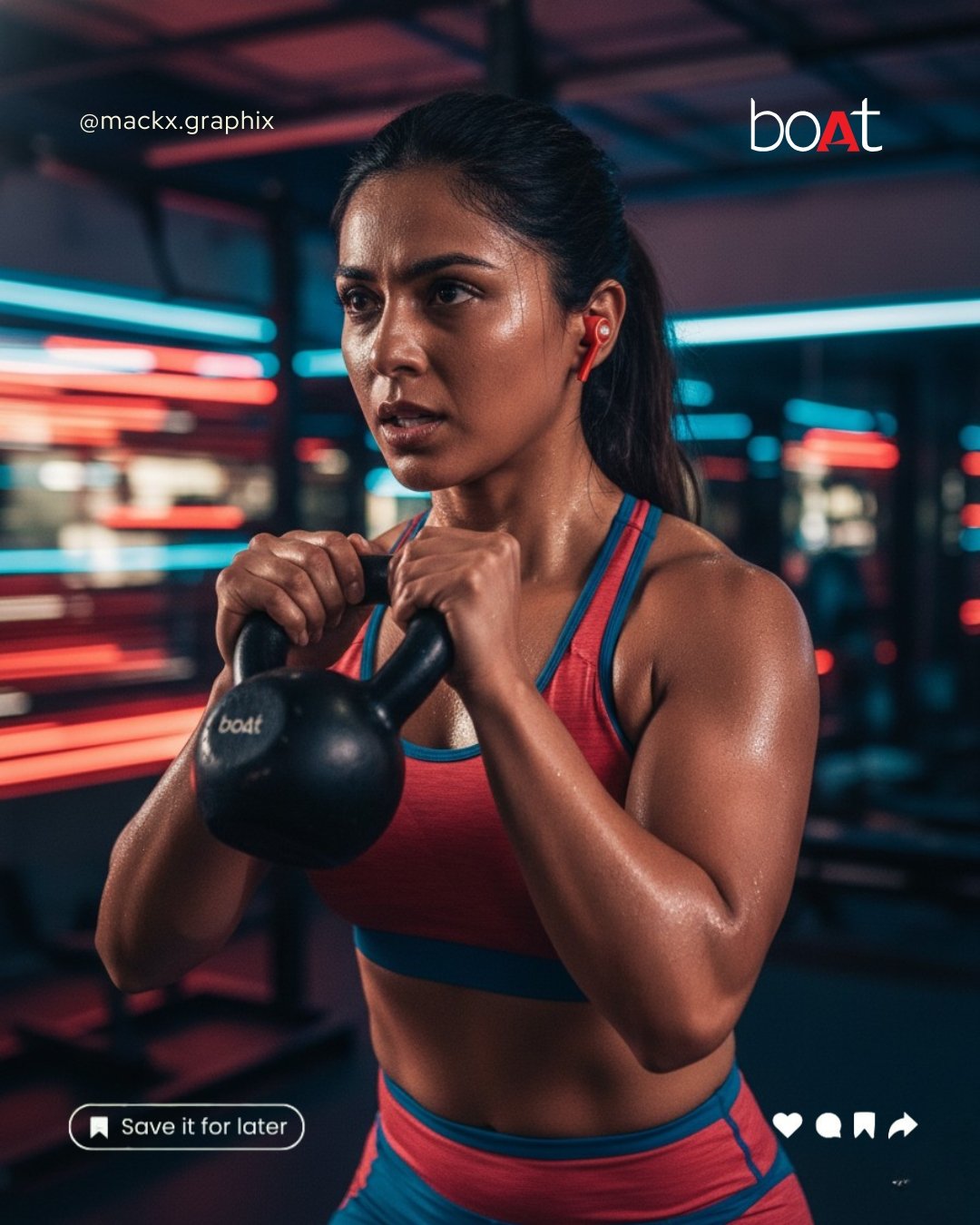 Focused Woman Training with Kettlebell Wearing boAt Earbuds in Neon Gym — Fitness Ad Concept