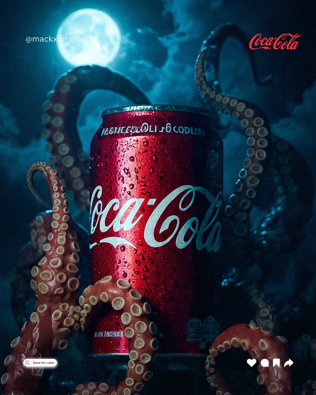 Coca-Cola Can with Octopus Tentacles Under Moonlight — Dark Cinematic Product Concept