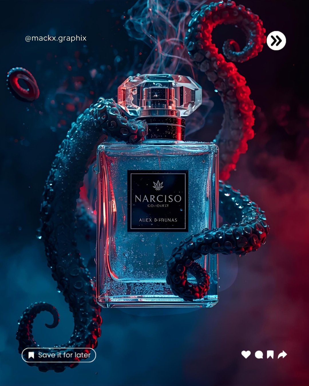 Dark Fantasy Perfume Bottle with Octopus Tentacles and Cinematic Red–Blue Lighting