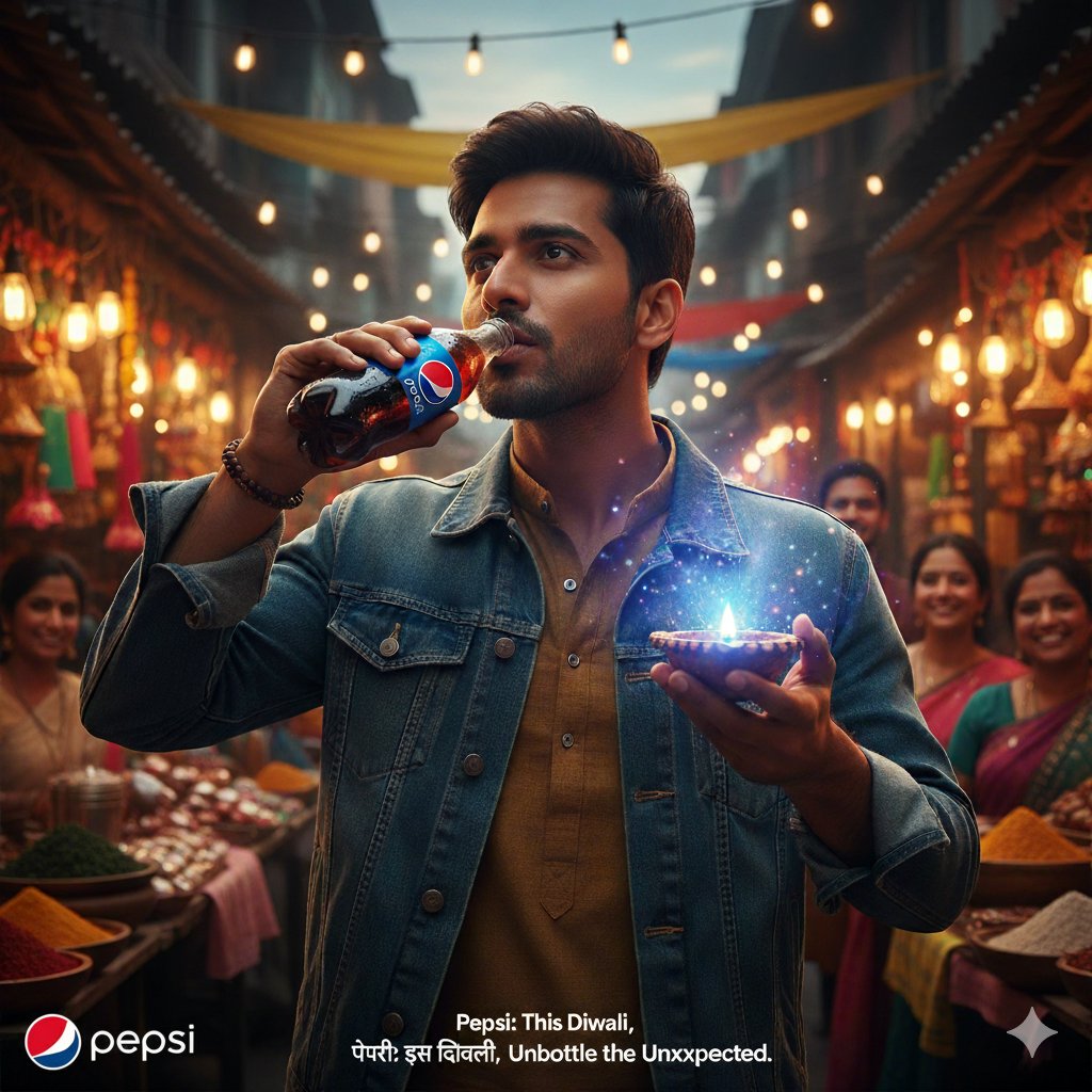 Man Enjoying Pepsi in Festive Diwali Market with Magical Lighting and Celebration Vibes