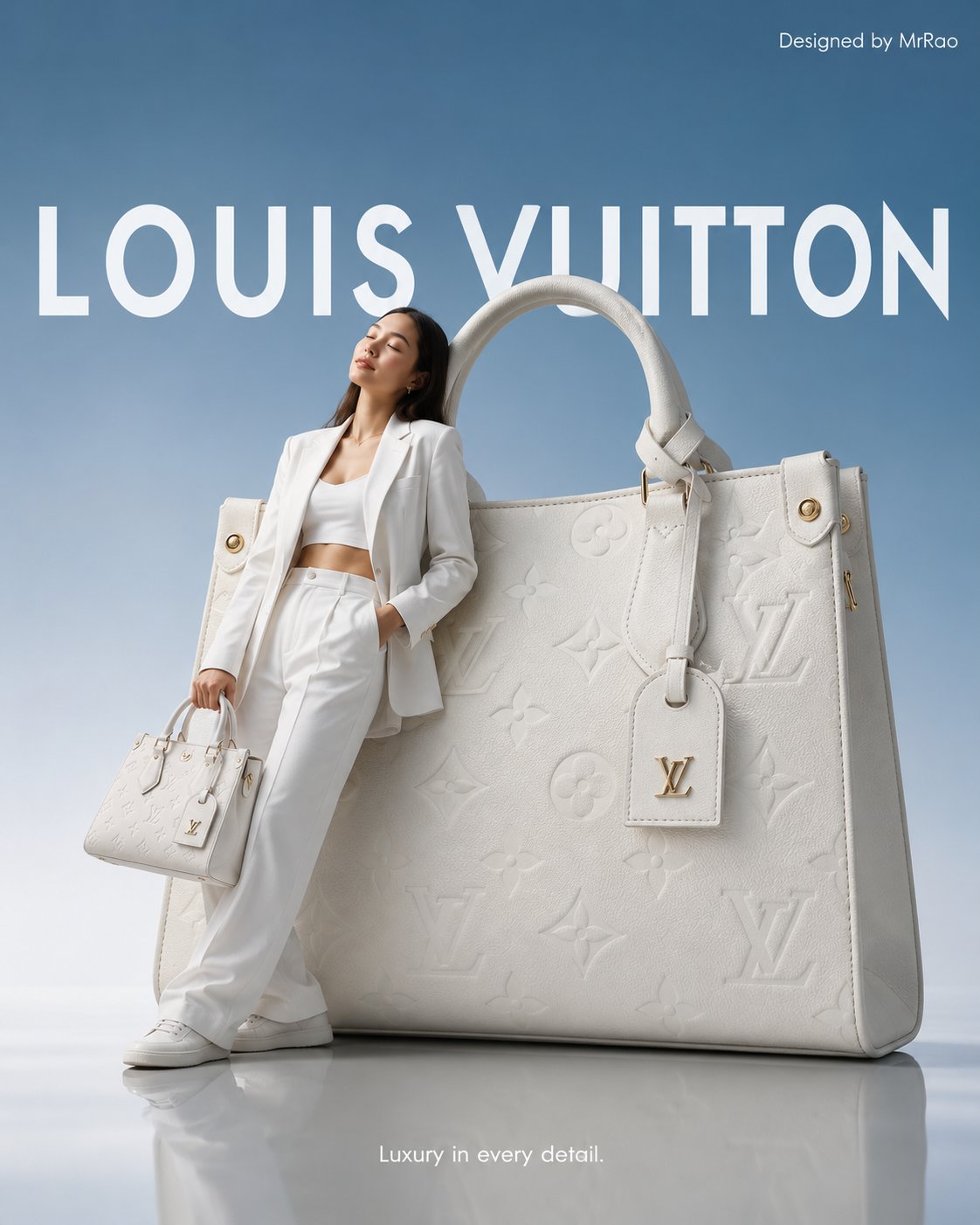 Minimalist commercial ad featuring oversized white Louis Vuitton handbag