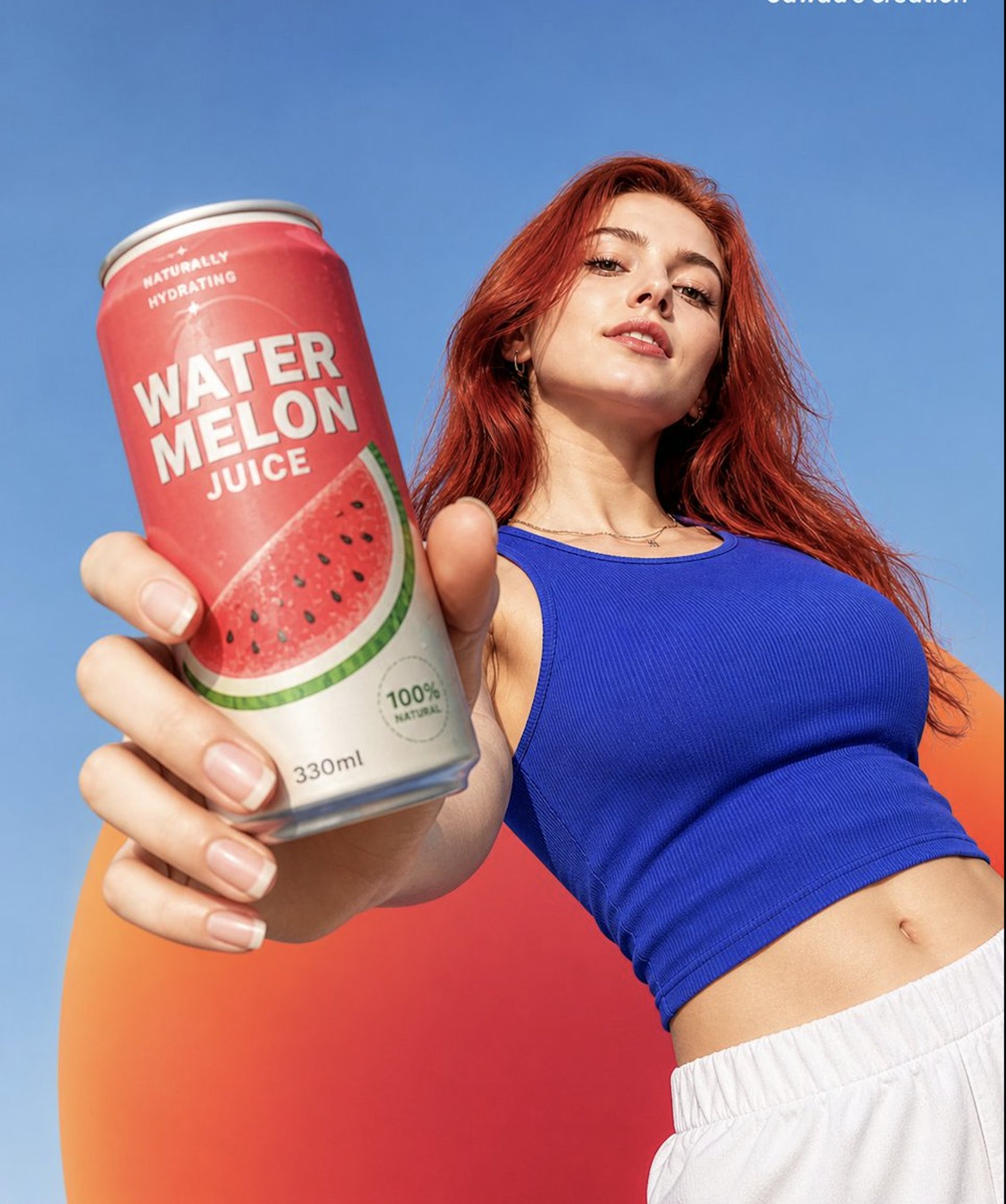 A highly realistic low-angle shot of a confident young woman with long, vibrant red hair, holding a watermelon juice