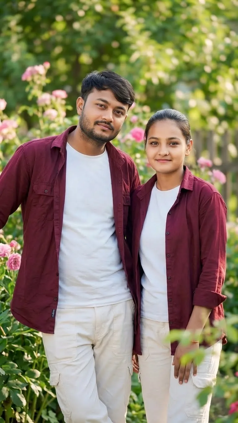 Ultra-realistic couple portrait 9:16 garden scene
