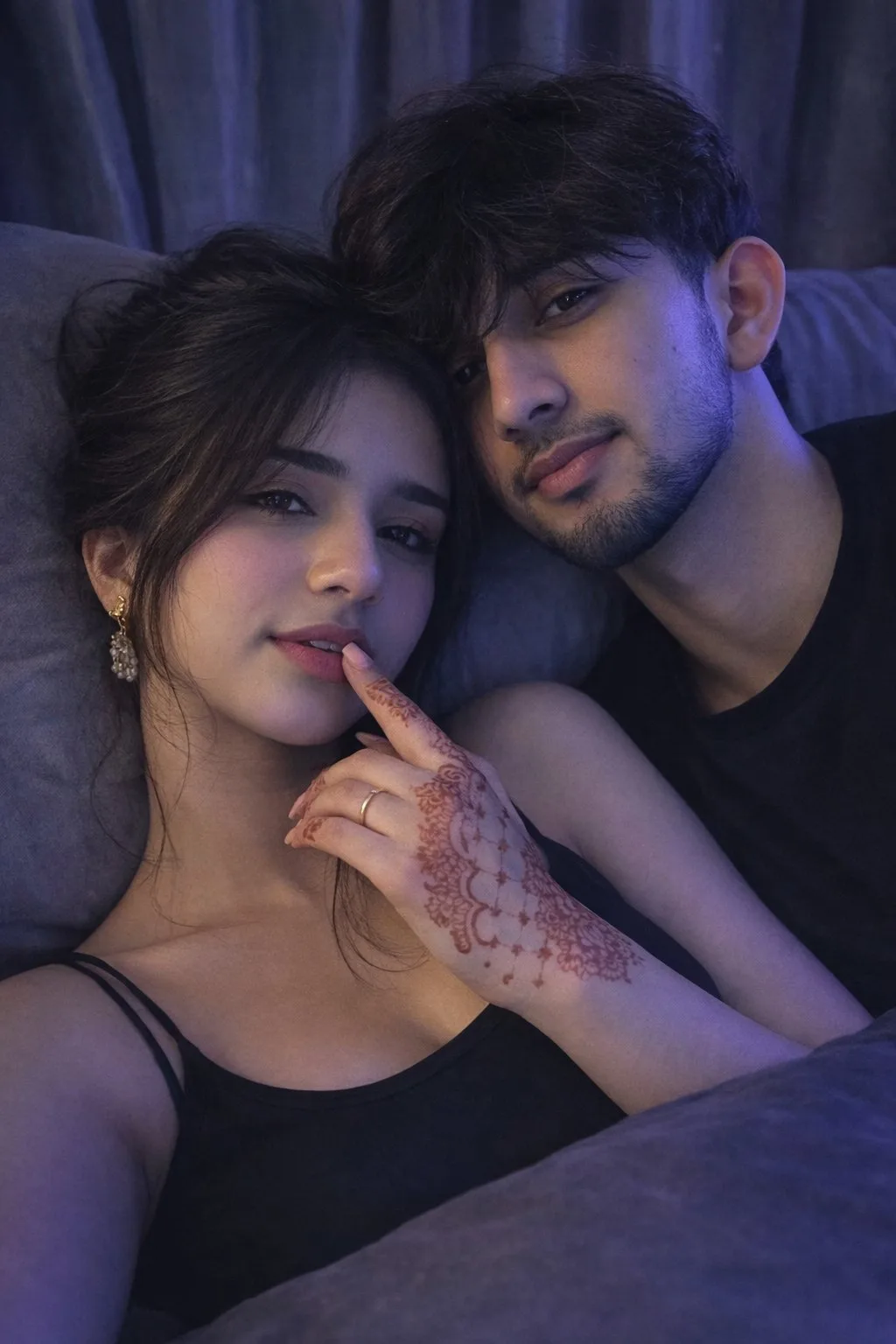Hyper-realistic 4:5 couple selfie with exact reference faces