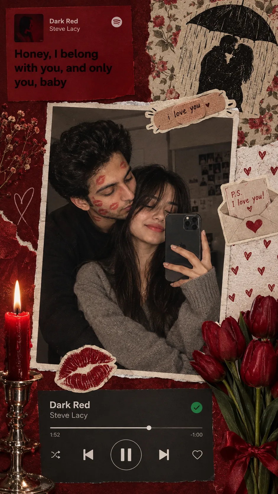 red romantic collage mirror-selfie aesthetic