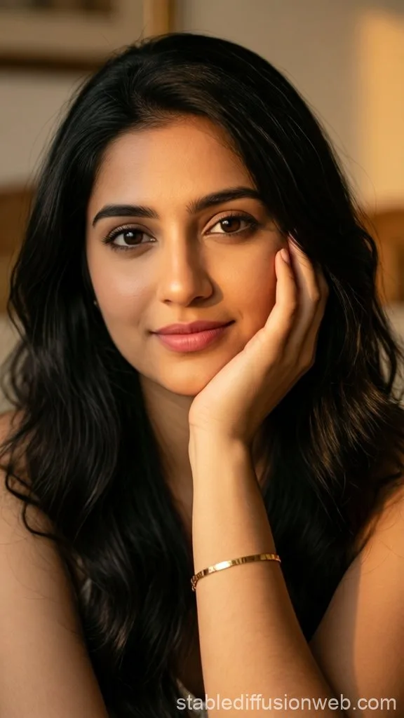 Serene South Asian Woman Portrait in Warm Golden Hour Lighting