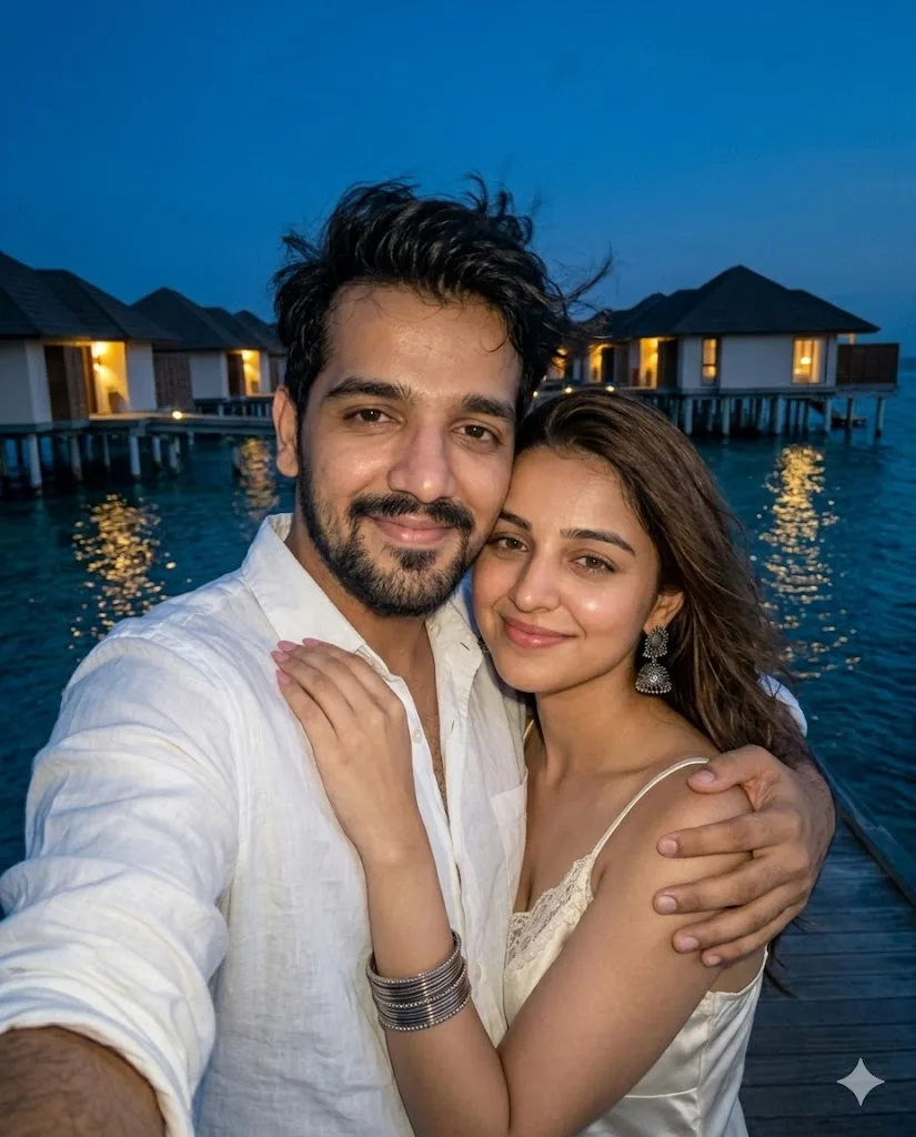 Blue-hour overwater resort couple selfie — candid travel memory
