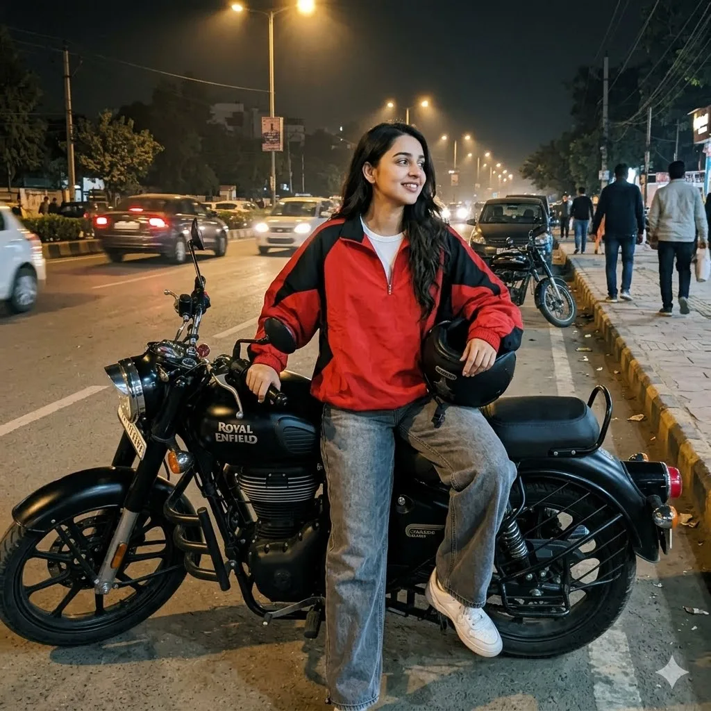 Realistic nighttime handheld smartphone photo of a girl on a motorcycle at night
